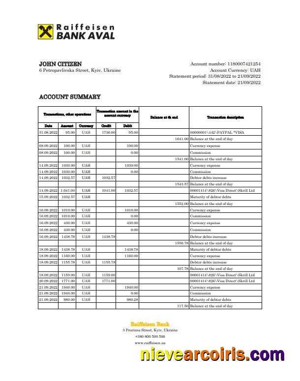 Ukraine Raiffeisen bank statement, Excel and PDF